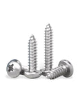 Heavy Duty Pan Head Phillips Screws 100 Pack Size 4 By Half Inch Self Tapping Fasteners in slick silver 304 stainless steel.