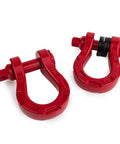 Aluminum Alloy Ultra Bow Shackles For Off Road Recovery, 30,000 LBS MBS And 10,000 LBS WLL, Red 2 Pack on white background.