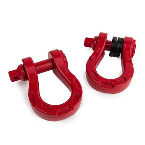 Aluminum Alloy Ultra Bow Shackles For Off Road Recovery, 30,000 LBS MBS And 10,000 LBS WLL, Red 2 Pack on white background.