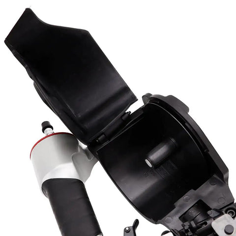 Open side-load magazine of Pro-Grade Pneumatic Roofing Nailer 15 Degree Coil Nailer For One And Three Quarter Inch To Two And Three Quarter Inch Siding Nails
