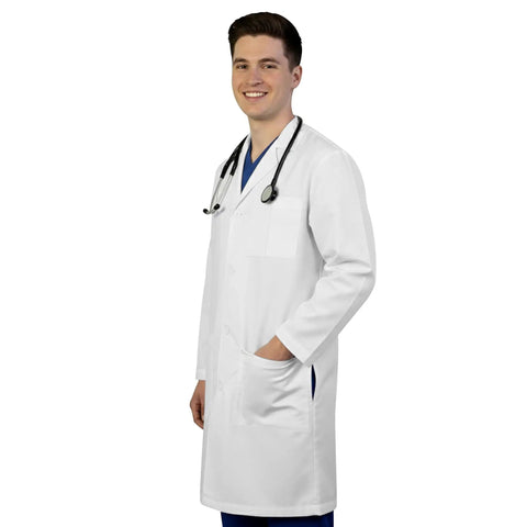 White Unisex Lab Coat Ultra Comfortable Poly Cotton Blend 37 Inch Professional Coat With Notched Lapel Four Button Closure Durable Soft Labwear X Large