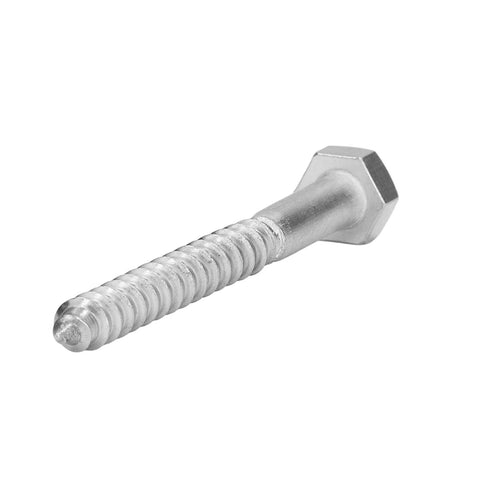Close-up of a Stainless Steel Half Thread Hex Lag Screw, Self-Tapping Wood Screw in A2-70, for DIY carpentry and wooden structures.