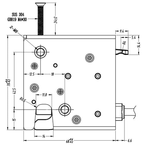 Technical diagram of the 12V Waterproof Electronic Rotary Latch With Motor Servo Locking System for logistics lockers, model ST7070.