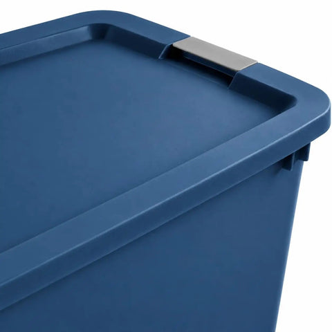 Close-up of the lid on a Massive 45 Gallon Rolling Storage Tote With Easy Glide Wheels in blue, featuring a secure side lid.
