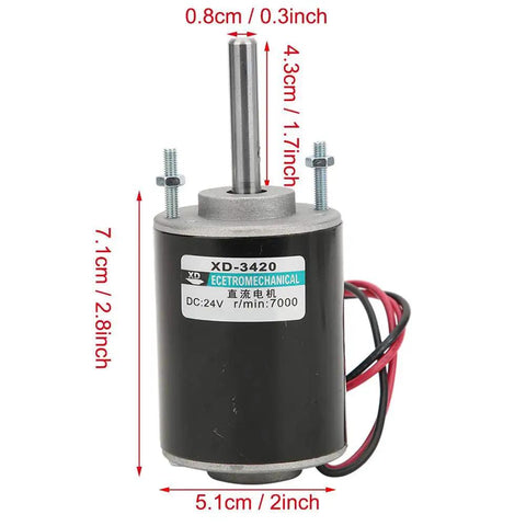 Heavy Hitter 30W Brushed DC Motor With Reversible CW CCW Spin And Serious Torque, 24V motor dimensions 7.1cm tall, ideal for DIY projects.