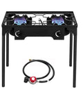 2 Burner Outdoor Portable Propane Stove With Cast Iron Burners And Detachable Stand Legs for Camp Cooking shown with CSA regulator