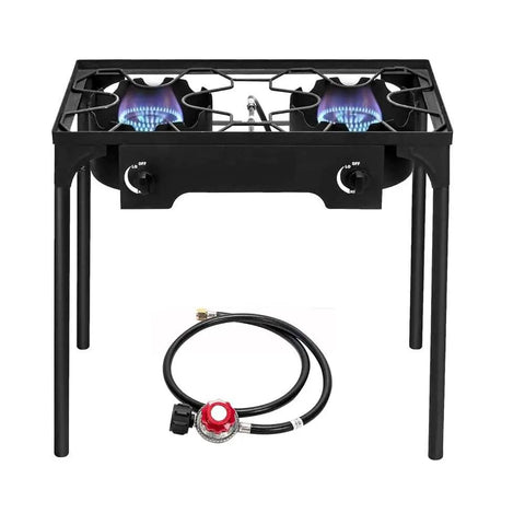 2 Burner Outdoor Portable Propane Stove With Cast Iron Burners And Detachable Stand Legs for Camp Cooking shown with CSA regulator
