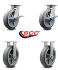Top Shelf Heavy Duty Kingpinless Thermoplastic Rubber Flat Tread Caster Set With Eight Inch Gray Wheels displayed in four angles.