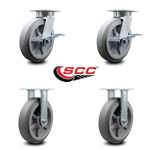 Top Shelf Heavy Duty Kingpinless Thermoplastic Rubber Flat Tread Caster Set With Eight Inch Gray Wheels displayed in four angles.