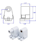 No Fuss T8 Tombstone Sockets 2 Pack White Non Shunted Lampholder Connectors for fluorescent fixtures with measurements.