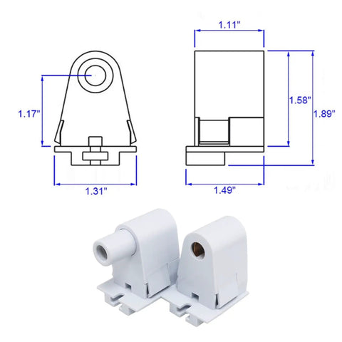 No Fuss T8 Tombstone Sockets 2 Pack White Non Shunted Lampholder Connectors for fluorescent fixtures with measurements.