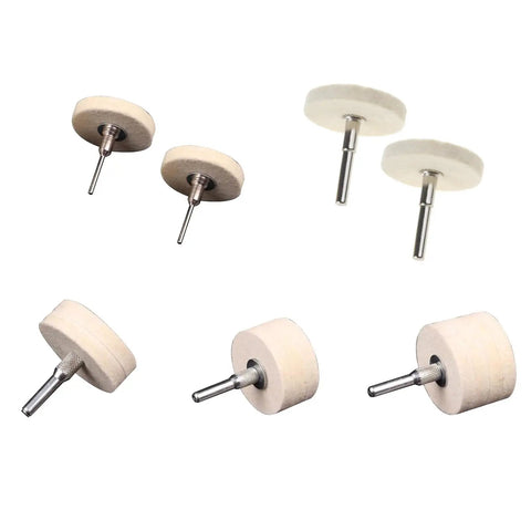 2 Inch Compressed Wool Fabric Disc Grinder For Jewelry Polishing And Carving Fine Buffing Pads displayed with metal spindles.