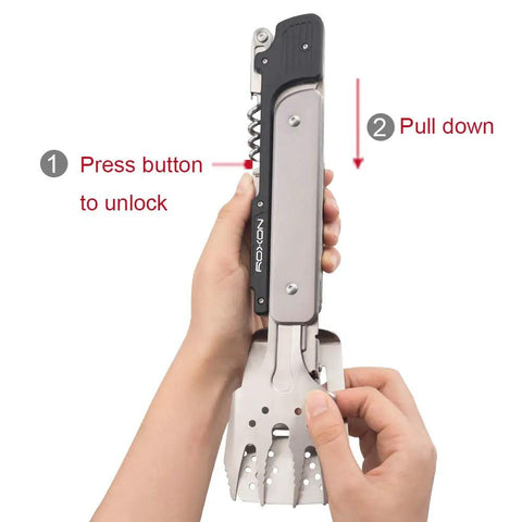 Hands demonstrating how to unlock the Six In One Folding Grill Utensils Set Featuring Fork Spatula Knife Tongs Bottle Opener And Corkscrew For Fourteen Inch Portable Backyard BBQ And Camping Gear.