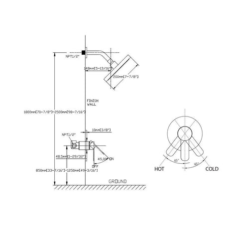 Technical drawing of Oil Rubbed Bronze Shower Faucet Set With 8 Inch Rainfall Head And Handle, wall mounted design.