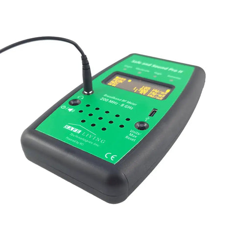 Compact Rechargeable RF Meter With USB C Power, Up To 24 Hours Battery Life, Bar Graph RF Intensity, Max Hold, Adjustable Volume, And 3.5mm Audio Jack For Easy Field Monitoring on green handheld unit