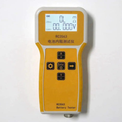 RC3563 Battery Internal Resistance And Voltage Tester For Four Wire AC Lithium Cells, 3 Digit Meter With Large Display, True Four Wire Measurement, Quick Readout, Built In 1000mAh Battery, Portable Battery Detector on yellow handheld body