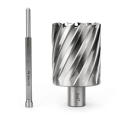 Oscarbide 2x2 in annular cutter with 3/4 in Weldon shank; two-piece tool set.
