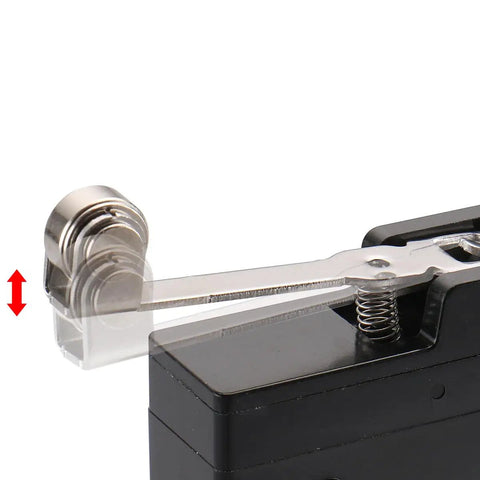 Close-up of Z-15GW2S-B Micro Switch with long hinge roller lever and three screw terminals, showing momentary limit action.