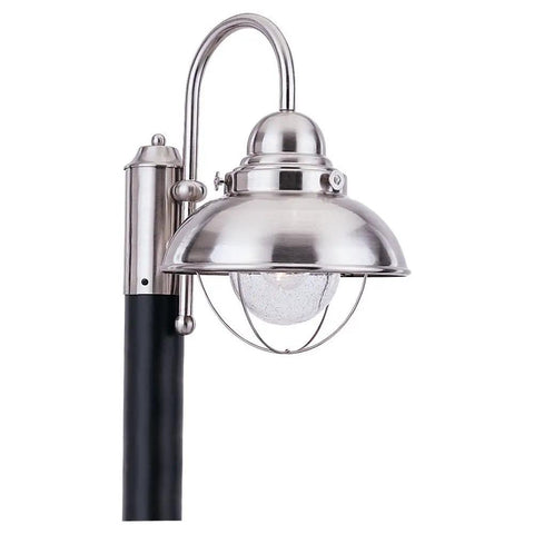 Sebring Transitional One Light Outdoor Post Lantern In Brushed Stainless Finish, Weatherproof Wet Location Rated, close-up view
