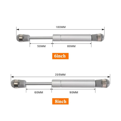 Lid Support Gas Strut For Kitchen Cabinets With Slow Close, 100N Holding Power, 6 inch and 8 inch sizes, silver finish