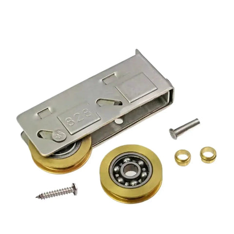 Heavy Duty Sliding Door Rollers With Double Stainless Steel Wheels And Precision Bearings For Shower Doors Closet Tracks And Patio Gliders, close-up view of stainless steel and brass components.