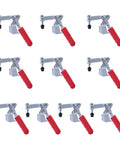 Heavy Hitter Vertical Toggle Clamp 10 Pack Set, red handle, carbon steel, ideal for welding jigs and machinist builds.