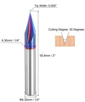 V-groove engraving router bit, 30° angle, 1/4-inch shank, titanium-coated carbide end mill for CNC engraving