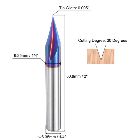 V-groove engraving router bit, 30° angle, 1/4-inch shank, titanium-coated carbide end mill for CNC engraving