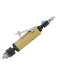 This Badass 3/8 Inch Straight Air Power Drill Hits 22000 RPM For Lightning Fast Drilling, Tapping And Grinding. Super Lightweight Ergonomic Pneumatic Tool Perfect For Tight Spaces, Furniture Assembly Or Tough Hardware Jobs You Need To Crush In Style. close-up of pneumatic drill with ergonomic handle and adjustable chuck