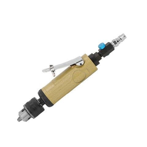 This Badass 3/8 Inch Straight Air Power Drill Hits 22000 RPM For Lightning Fast Drilling, Tapping And Grinding. Super Lightweight Ergonomic Pneumatic Tool Perfect For Tight Spaces, Furniture Assembly Or Tough Hardware Jobs You Need To Crush In Style. close-up of pneumatic drill with ergonomic handle and adjustable chuck