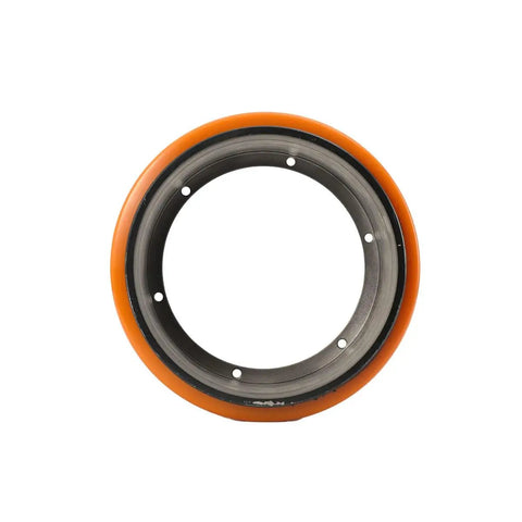 Premium Drive Wheel For MT15 And PU Replacement Fits Electric pallet Jack Trucks 210 mm outer diameter with orange polyurethane.
