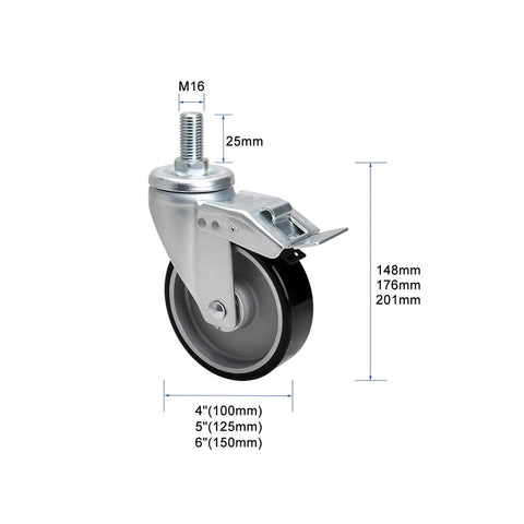 Heavy Duty Caster Wheels With Brake Swivel Casters M Threaded Stem For Workbench Furniture Cart Garage And Workshop Rolling Plate Casters 360 Degree Rotation Support Up To 320 Kg Each showing dimensions
