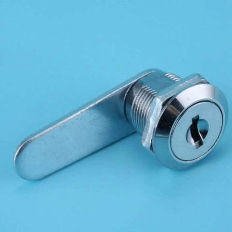 No Sweat Silver Zinc Alloy Cylinder Cam Lock With Three Keys For Electrical Meter Boxes Kitchen Cabinets And Drawer Hardware That Runs Slick And Holds Tight All Year Long close-up of silver lock with lever on blue background