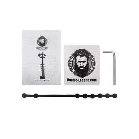 Cordless Beast Ice Drill Auger 6 Inch Kit components, including instructions, Nordic Legend logo, Allen key, and accessory rod.