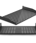 Set Of Two 19 Inch 1U Vented Rack Shelves For Server Cabinets And Network Racks With Perforated Steel Build supports ventilation and hardware.