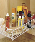 Top Shelf Pull Out Cabinet Organizer, Heavy Duty Pantry Drawer Rack For Kitchen Laundry Room, Rock Solid Slide Out Storage Rack For Pots Towels And Cleaning Supplies, Clean White with cleaning supplies.