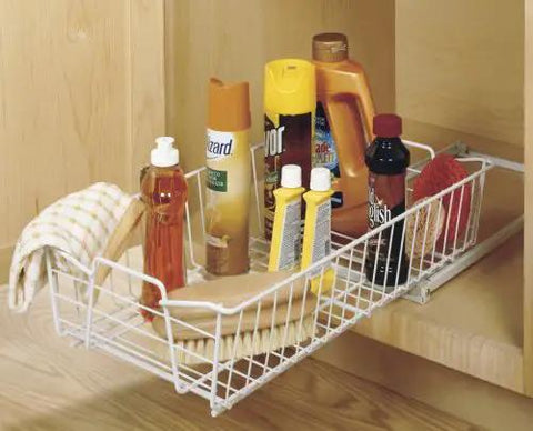 Top Shelf Pull Out Cabinet Organizer, Heavy Duty Pantry Drawer Rack For Kitchen Laundry Room, Rock Solid Slide Out Storage Rack For Pots Towels And Cleaning Supplies, Clean White with cleaning supplies.