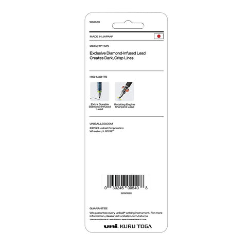 Back packaging of Kuru Toga Mechanical Pencil Starter Kit 0.7mm HB2 Lead with Rotating Tip Mechanism, showing features and barcode.