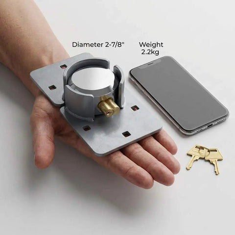Heavy Duty Puck Lock And Hasp With Hidden Shackle High Security Steel Padlock Keyed Alike Includes 2 Keys in hand with phone
