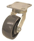 Heavy Duty Kingpinless Swivel Plate Caster With 4 Inch Nylon Wheels 1000 Lb Capacity Non Marking Treads For Shop Carts close-up image showing caster wheel and mounting plate.