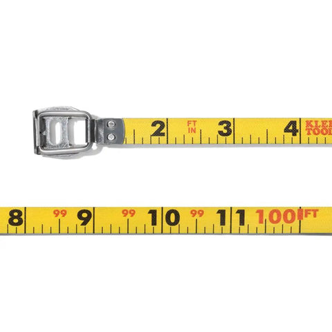 Closed Reel Tape Measure With 100 Foot Nylon Coated Blade fast three to one gear retracting smooth release button and safe hook storage