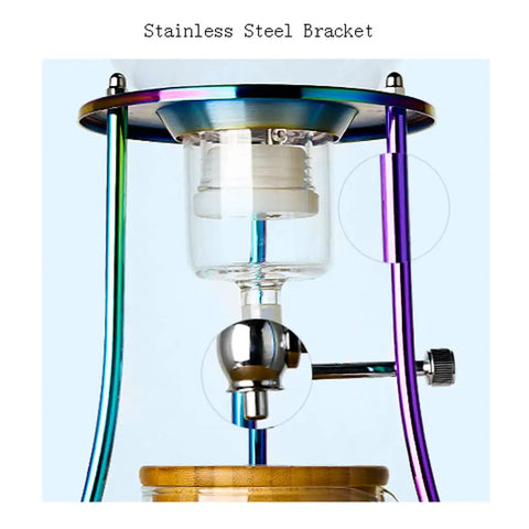 Craft Hella Smooth Cold Brew Coffee And Iced Tea With This No Sweat Dripper featuring a stainless steel bracket and glass components.