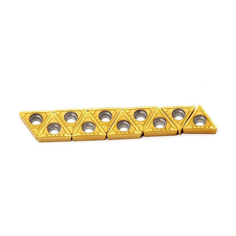 Carbide Turning Inserts TCMT090204 Tin Coated Three Thirty Second Inch Thick One Sixty Fourth Inch Radius Seven Degree Relief For Steel