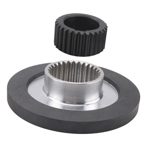 Front view of electromagnetic brake gear disc assembly: black friction pad, silver splined hub, 150mm diameter