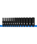 Deep Magnetic One Quarter Inch Drive Socket Set Fourteen Piece Six Point Metric Four To Fifteen Millimeter Premium CR Mo Steel on rail
