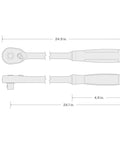 Technical diagram of Half Inch Drive 24 Inch Quick Release Extra Long Ratchet With Comfort Grip 90 Tooth Gear with dimensions.