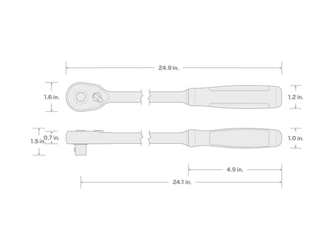 Technical diagram of Half Inch Drive 24 Inch Quick Release Extra Long Ratchet With Comfort Grip 90 Tooth Gear with dimensions.