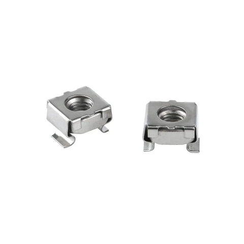 Heavy Duty M6 Mounting Cage Nuts for Server Rack and Network Cabinet Buildout Set showing silver carbon steel rail retainers.