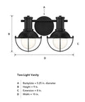 Diagram of a two-light black vanity fixture with dimensions: backplate 5.25 inch, height 9 inch, extension 8 inch, width 15 inch.