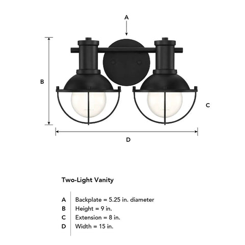 Diagram of a two-light black vanity fixture with dimensions: backplate 5.25 inch, height 9 inch, extension 8 inch, width 15 inch.